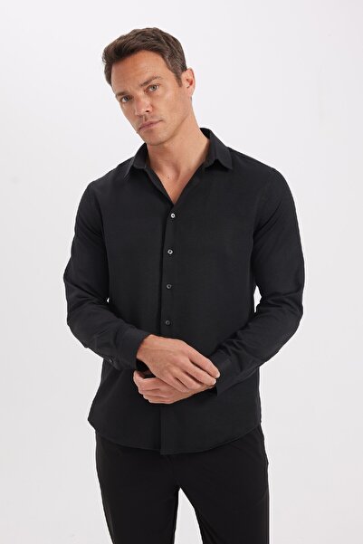 DeFacto Slim Fit Dar Kesim Polo Yaka Poplin Uzun Kollu Siyah Gömlek R4340az24sp
