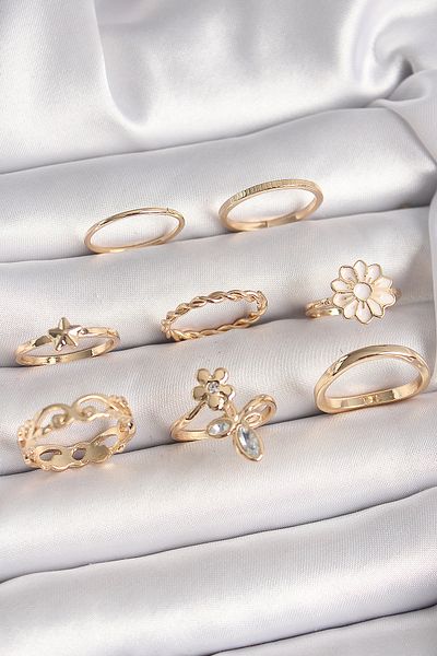 Skygo Gold Color Zircon Women's Ring Combination - Cezirisli Zircon Flower Detail