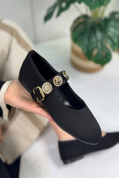 Nstil Balerini din piele intoarsa neagra de zi cu zi pentru femei, cu banda de perle, catarama reglabila, varf oval, pantofi usori confortabili 379