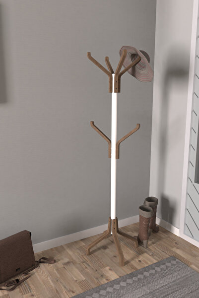 VİLİNZE Vesti Ahşap Kestane Ayaklı Beyaz Metal Portmanto Elbise Askılık