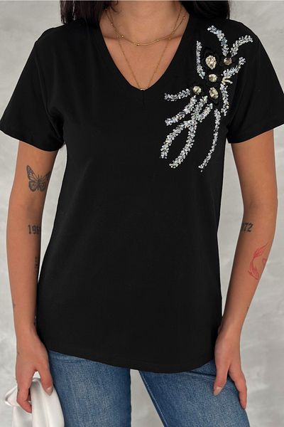 FEMELLE Tricou negru pentru femei, cu decolteu în V, cu paiete brodat din bumbac 100%