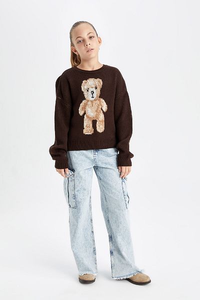 DeFacto Dziewczęcy sweter z nadrukiem misia Teddy Bear w dużym rozmiarze - okrągły dekolt C6942A824Au
