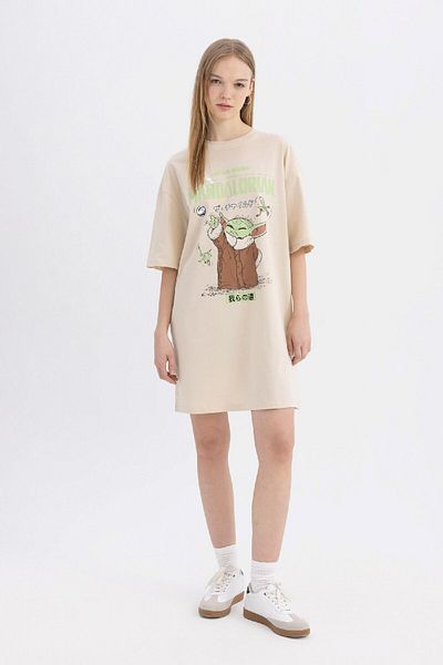 DeFacto Rochie mini-tricou cu mânecă scurtă din bumbac pieptănat, cu decolteu rotund, cu mânecă scurtă, C3498AX24SM Coool Star Wars-Mandalorian