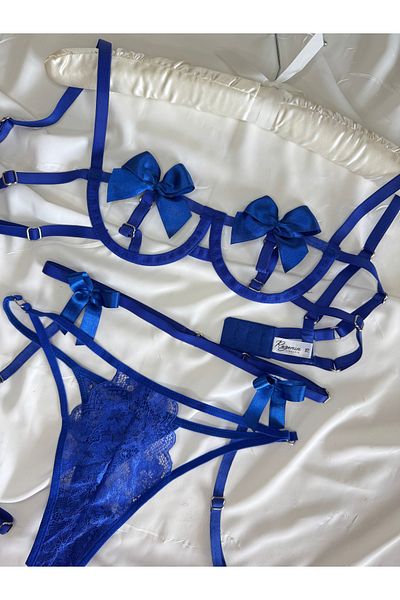 ROZENİN LINGERIE Saks Blue Σετ 3 Κορδέλα Λεπτομερές Φανταχτερό Σετ σουτιέν με ζαρτιέρες