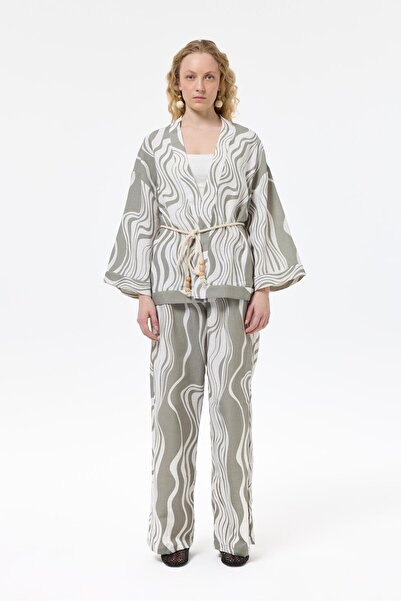 Quzu Detailed Patterned Kimono Khaki Belt