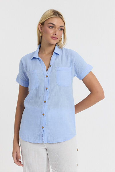 TCT TEKSTİL Women's Shirt - Short Sleeve Shirt with Muslin Collar - 1140