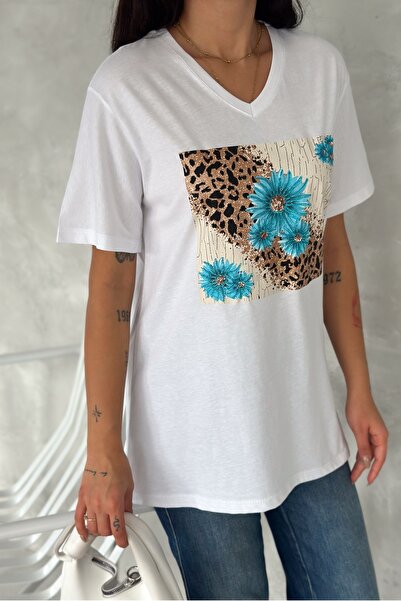FEMELLE Women's White V-Neck Large Size Floral Sequin Sequin Embroidered 100% Cotton T-Shirt