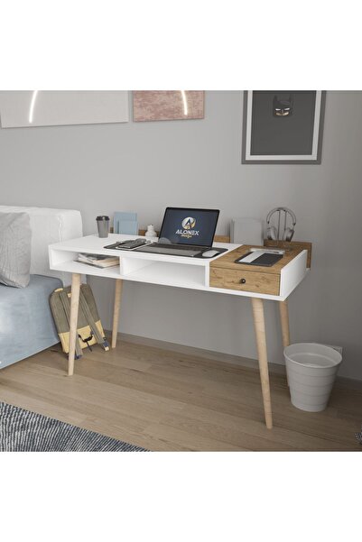 ALONEX HOME Flex Çalışma Masası, Bilgisayar Masası, Ahşap Ayak Çalışma Masası, Ekonomik Masa, Sepet-beyaz