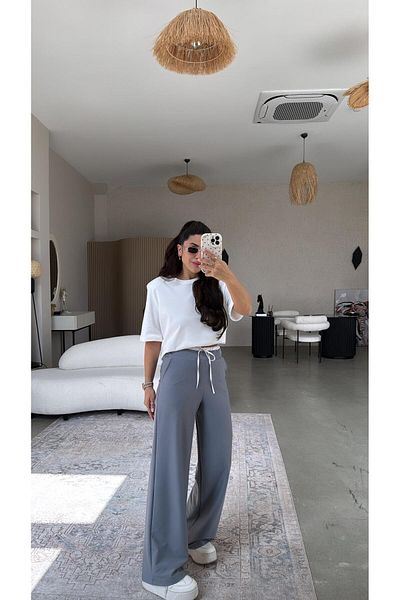 Buket Teke Gray Waist Detail Fabric Trousers