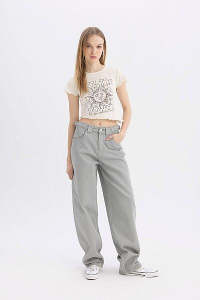 DeFacto Crew Neck Printed Waffle T-Shirt - Short Sleeve, Fitted C8612ax24sm