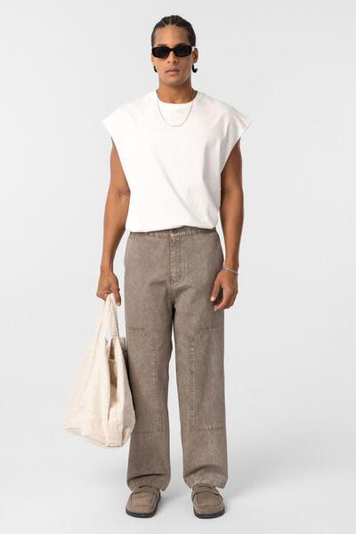VAMOSCLO Yıkamalı Baggy Gabardin Pantolon Vizon
