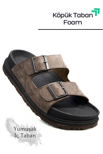 sermoda Double Buckle Adjustable Width Foam Sole Comfortable Leather Men's Slippers Brown