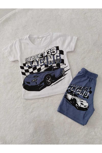 Store تي شيرت قصير للأولاد الصغار مطبوع عليه سيارة باللون النيلي