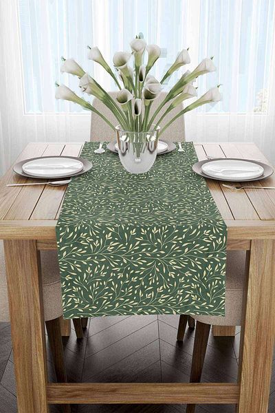Cango Home Green Flower Motif Patterned Digital Printed Runner Cgh1351-Rn