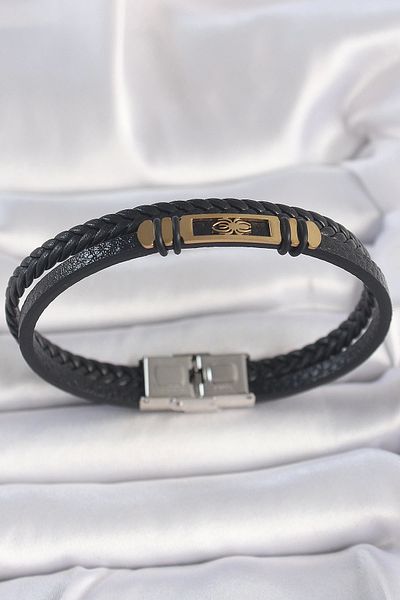 Clariss 316L Steel Gold Color Spider Figure Double Row Twist Pattern Leather Cord Men's Bracelet