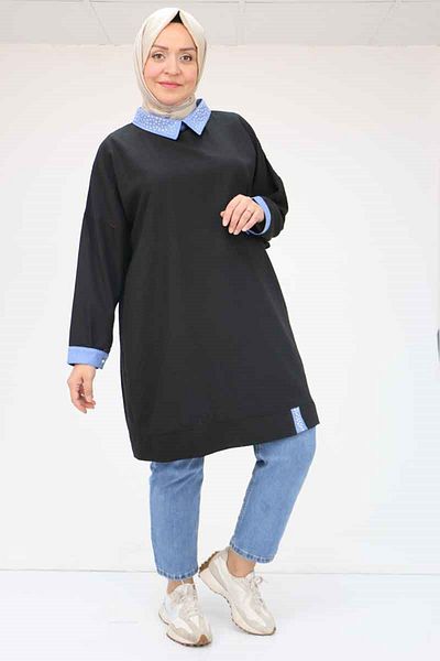 Eslina 58005 Large Size Tunic with Stone Detail on Collar and Side Slits - Black