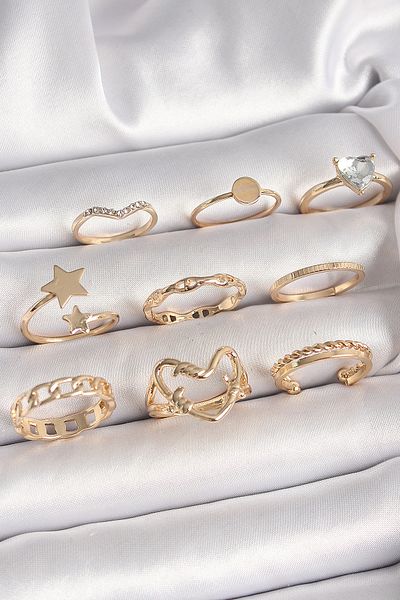 Skygo Brass Gold Color Zircon Stone Detailed Heart Star Figure Women's Ring Combination - Tj-Byk3662