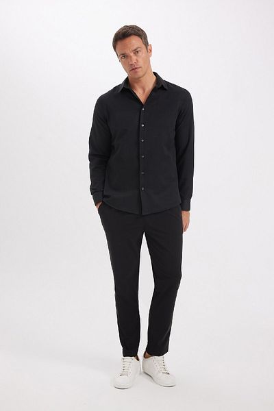 DeFacto Slim Fit Slim Fit Polo Collar Poplin Μακρυμάνικο Μαύρο Πουκάμισο R4340az24sp