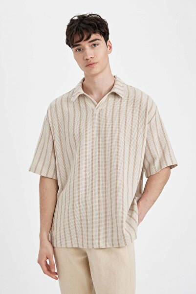 DeFacto Túlméretes, széles szabású póló nyakú csíkos rövid ujjú ing C7062ax24sm