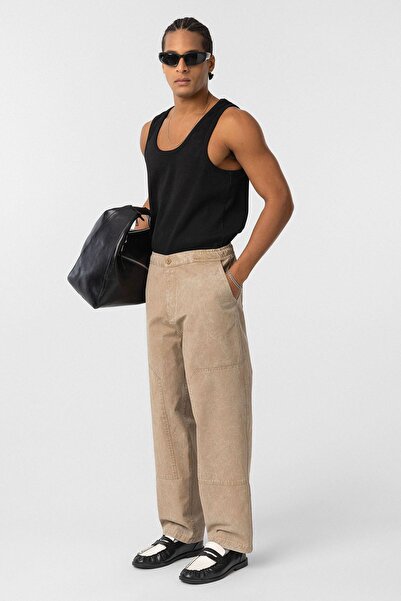 VAMOSCLO Yıkamalı Baggy Gabardin Pantolon Taba
