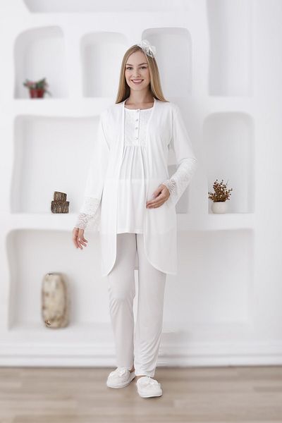 Pelin Women's Lace Detailed Adjustable Waist Maternity Maternity 3-Piece Pajama Set