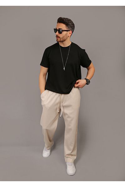 EydaMoon Pantaloni de trening pentru bărbați, bej, largi, din țesătură piqué, cu buzunare largi
