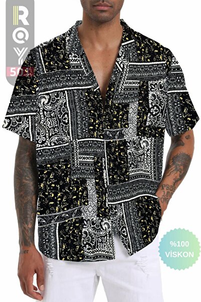 ROY501 Ανδρικό κοντομάνικο πουκάμισο με σχέδιο Κοντό μανίκι καλοκαιρινό πουκάμισο Ανδρικό πουκάμισο oversize μαύρο πουκάμισο