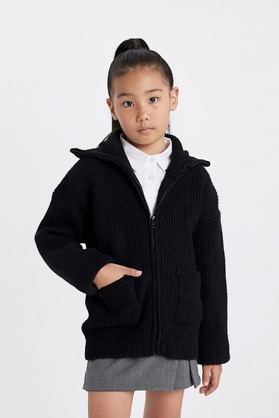 DeFacto Girls' Knitwear Basic Plain Stand Collar Black School Cardigan with Zipper Pockets C6924A824Au
