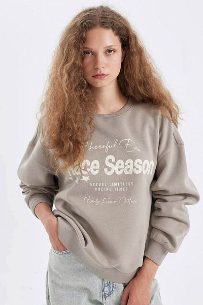 DeFacto Χοντρό φούτερ με στάμπα Loose Fit Crew Neck C7814ax24wn