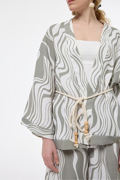 Quzu Detailed Patterned Kimono Khaki Belt