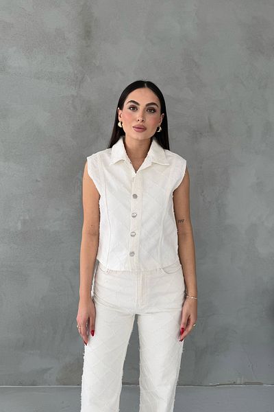 Seda Yalçın Atelier Ecru Diamond Patterned Denim Vest and Trousers Set