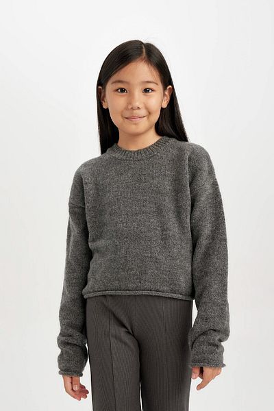 DeFacto Girls' Standard Fit Crew Neck Basic Plain Knitwear Sweater C6908A824Au