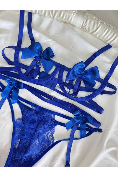 ROZENİN LINGERIE Saks Blue Σετ 3 Κορδέλα Λεπτομερές Φανταχτερό Σετ σουτιέν με ζαρτιέρες
