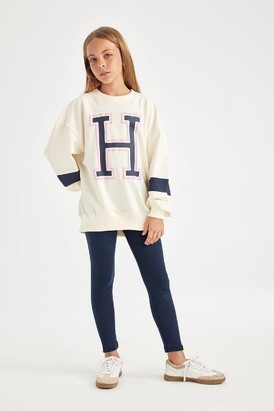DeFacto Printed Sweatshirt and Long Plain Leggings for Girls - Set of 2 C6869A824Au