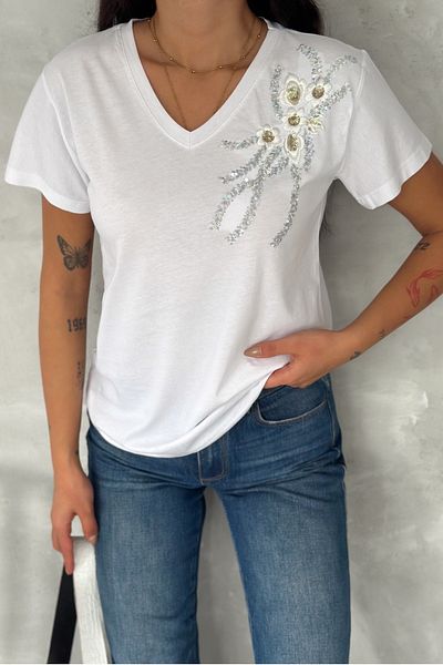 FEMELLE Women's White V-Neck Shoulder Sequin Embroidered 100% Cotton T-Shirt