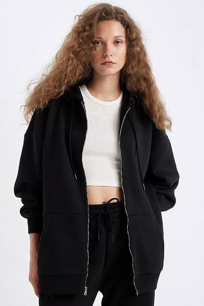 DeFacto Übergroßes Kapuzen-Sweatshirt mit Reißverschluss – Tasche, gerader Schnitt V4233az24wn