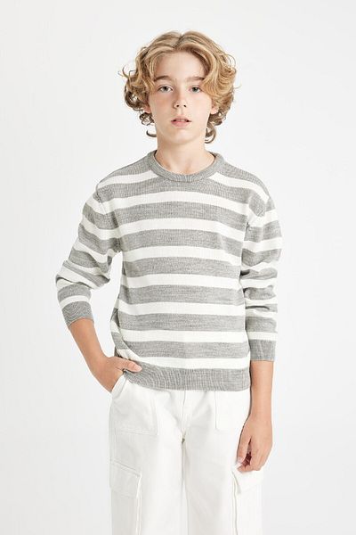 DeFacto Boy's Gray Crew Neck Striped Sweater C9656A824Au