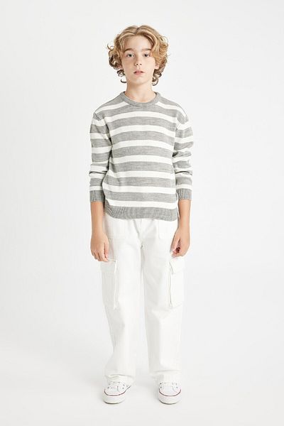 DeFacto Boy's Gray Crew Neck Striped Sweater C9656A824Au