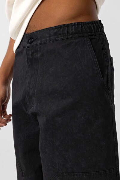 VAMOSCLO Yıkamalı Baggy Gabardin Pantolon Siyah