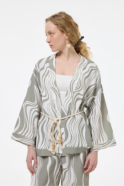 Quzu Detailed Patterned Kimono Khaki Belt