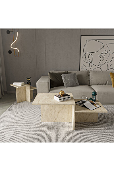ALONEX HOME DİANA ORTA SEHPA YAN SEHPA MERMER DESENLİ