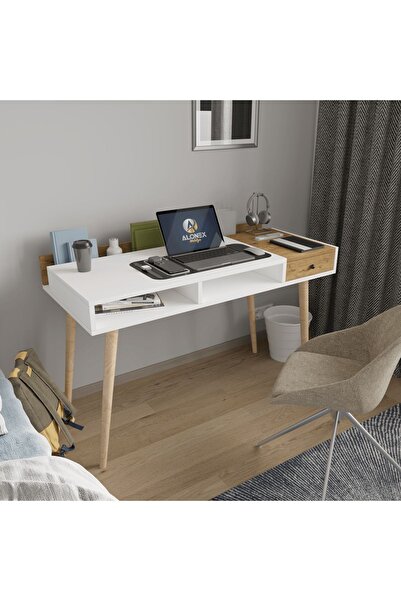 ALONEX HOME Flex Çalışma Masası, Bilgisayar Masası, Ahşap Ayak Çalışma Masası, Ekonomik Masa, Sepet-beyaz