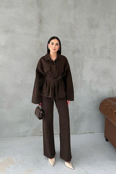 Seda Yalçın Atelier Brown Waist Tie Denim Jacket Pants Set