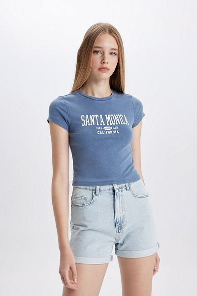 DeFacto Tricou cu coaste imprimat cu decolteu roșu - mânecă scurtă, mulat C9331ax24sm
