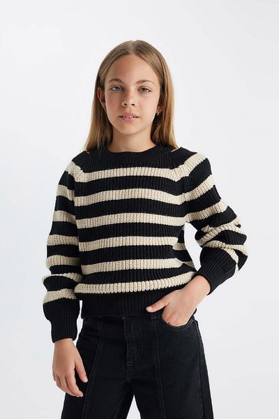 DeFacto Pulover pentru fete, cu dungi standard, cu decolteu, tricotaj C6929a824au