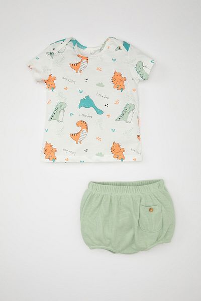 DeFacto Baby Boy 2-Piece Set Dinosaur Pattern Waffle Short Sleeve T-Shirt Top Elastic Waist Shorts Bottom C8329A524H