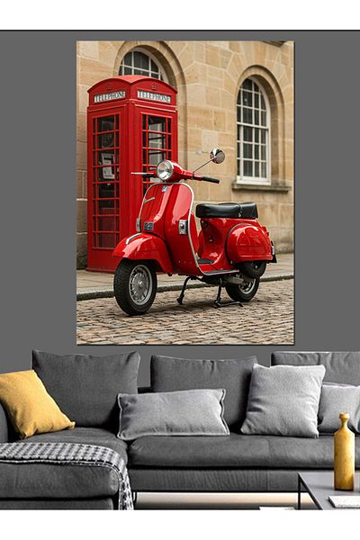 Tablomega Red Vespa and Telephone Booth Decorative Canvas - Mdf Wooden Painting