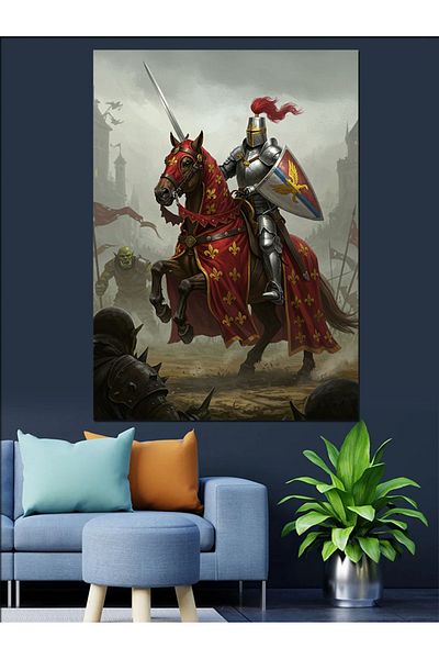 Tablomega Pânză Decorativă Cavaler și Cal Roșu - Lemn MDF