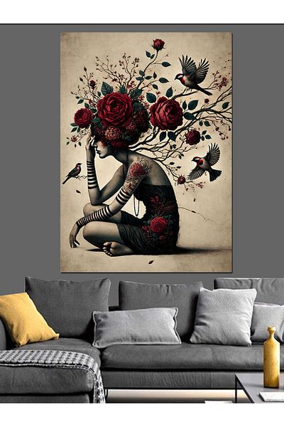 Tablomega Woman Silhouette with Roses and Flowers Decorative Canvas - Mdf Wooden Painting