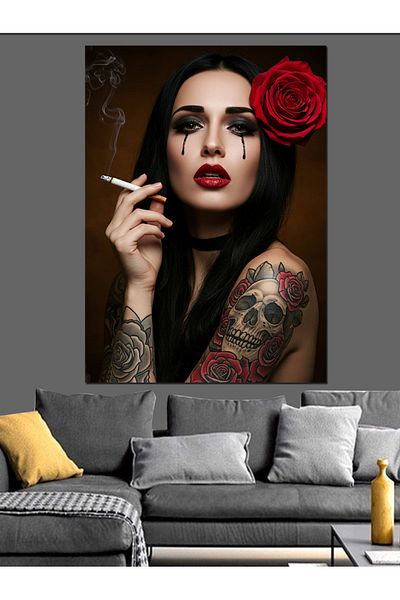 Tablomega Woman with Red Rose and Black Tattoo Decorative Canvas - Mdf Wooden Painting